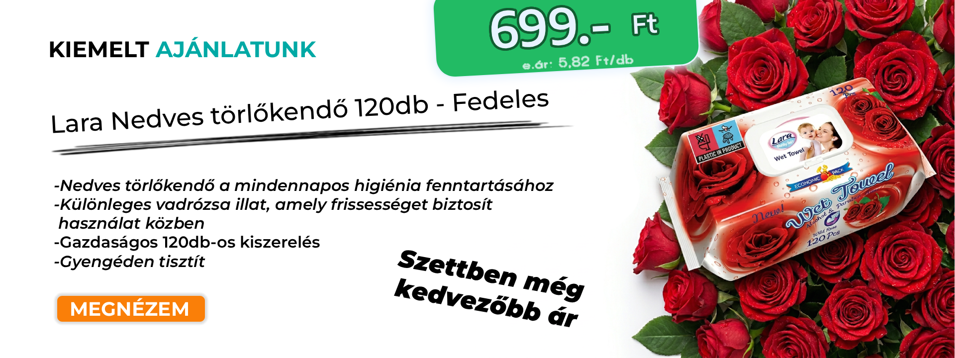 Lara nedves törlőkendő 120db Vadrózsa
