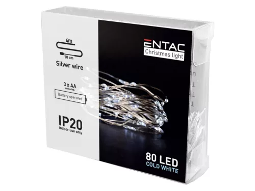 Entac Karácsonyi HIDEG fehér fényfüzér BELTÉRI IP20 - 80 LED - 4m
