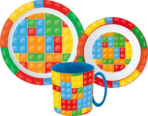 Lego mintázatú Bricks étkészlet, micro műanyag szett bögrével 350 ml
