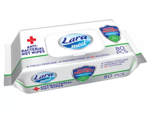 Lara Med antibakteriális nedves törlőkendő (kézre és arcra is) - 80db