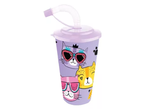 Pohár Műanyag Tetővel és Szívószállal  400ml - Lila Cica
