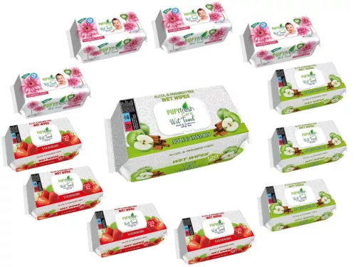 Pufy Fresh nedves törlőkendő 120db Fedeles - Illatmix - Eper, Gerbera, Alma-fahéj(12csomag)
