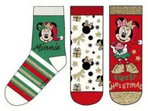 Mickey és Minnie gyerek zokni 3 pár/csomag - Zöld csíkos, Fehér mintás, Piros - 31-34